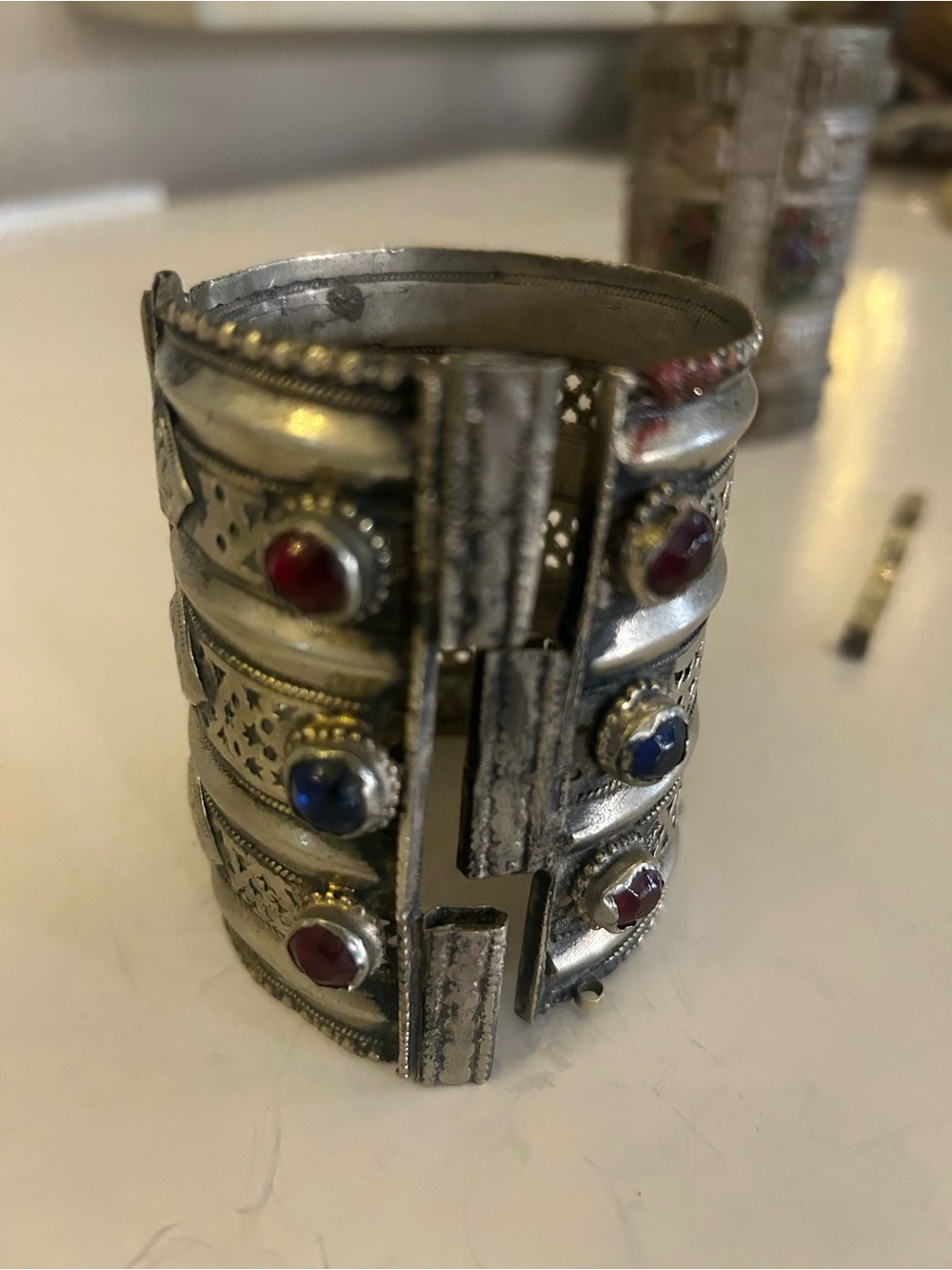 Ethnic Indian Wear Silver-Tone Cuff Bracelet with Red and Blue Stones